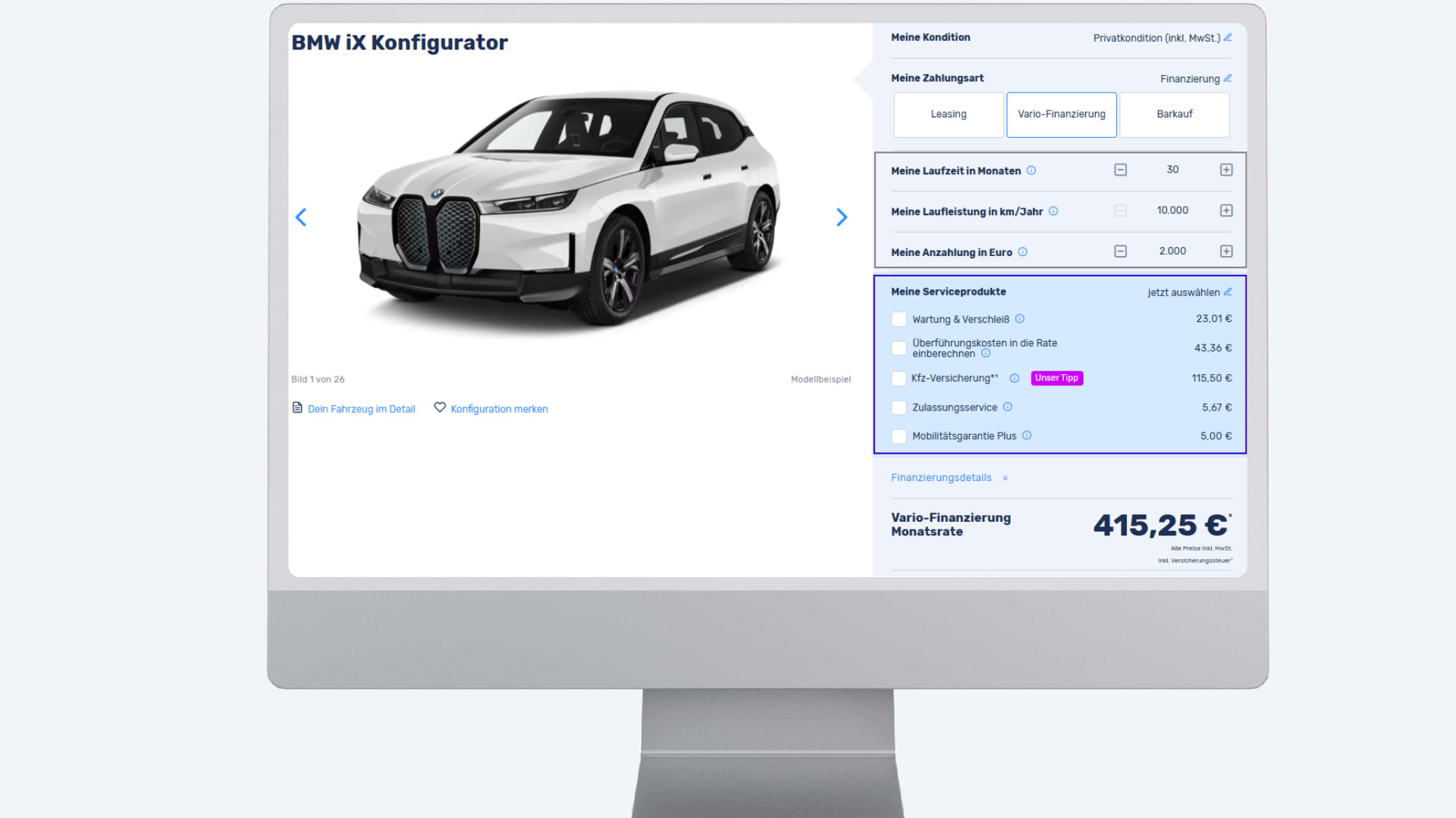 Screenshot aus dem BMW Konfigurator, in dem die Stelle an der die Laufzeit, Laufleistung und Anzahlung angepasst werden kann, markiert ist