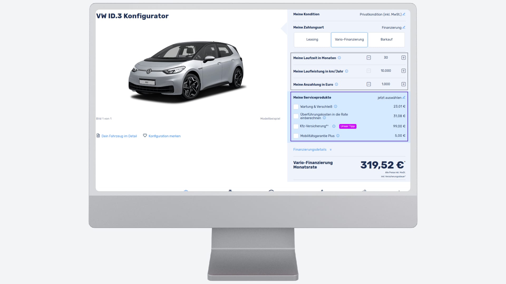 Screenshot aus dem VW Konfigurator, in dem die Stelle an der die Laufzeit, Laufleistung und Anzahlung angepasst werden kann, markiert ist