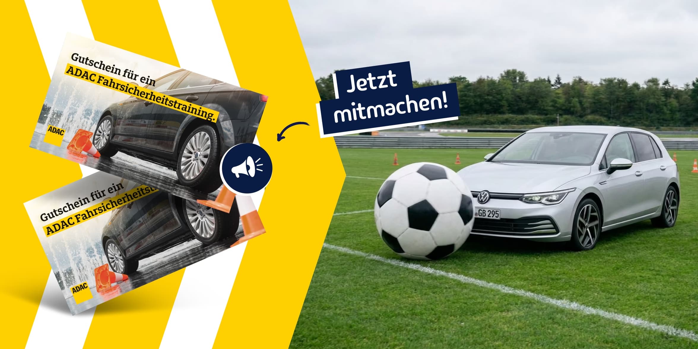 Banner: Rechts ein silberner VW Golf mit einem großen Fußball auf Rasen. Links werben zwei ADAC-Gutscheinkarten vor gelben Streifen mit „Jetzt mitmachen!“.