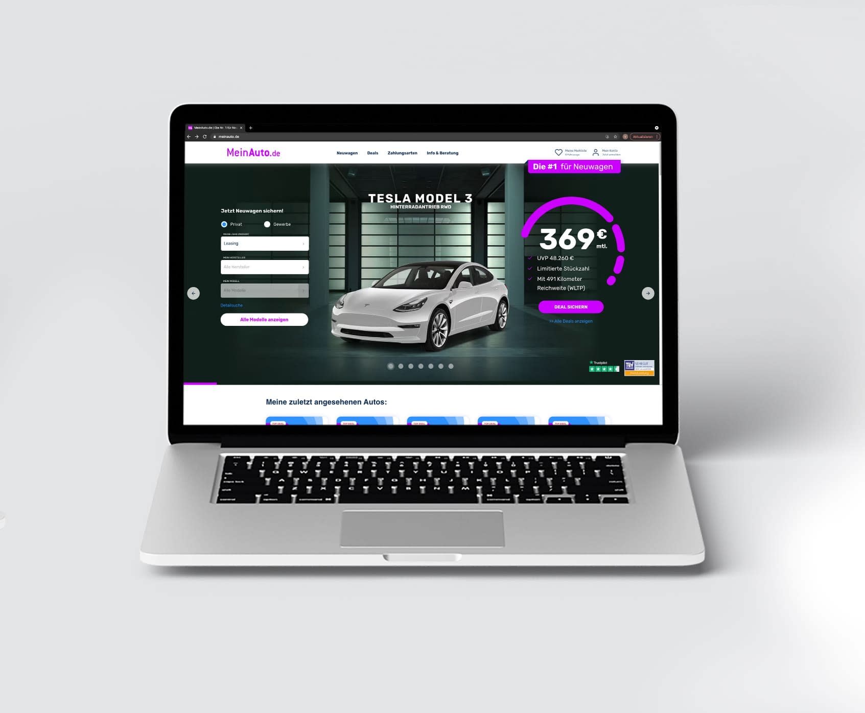 Ein Laptop, der die Webseite von MeinAuto.de zeigt