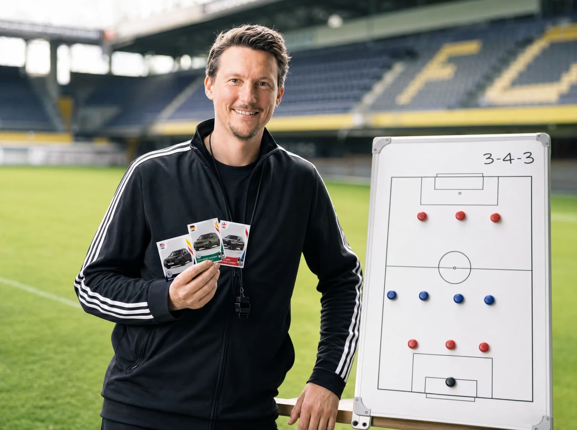 Ein Mann steht im Stadion neben einer Taktiktafel (3-4-3) und hält drei Karten mit Automotiven in der Hand.
