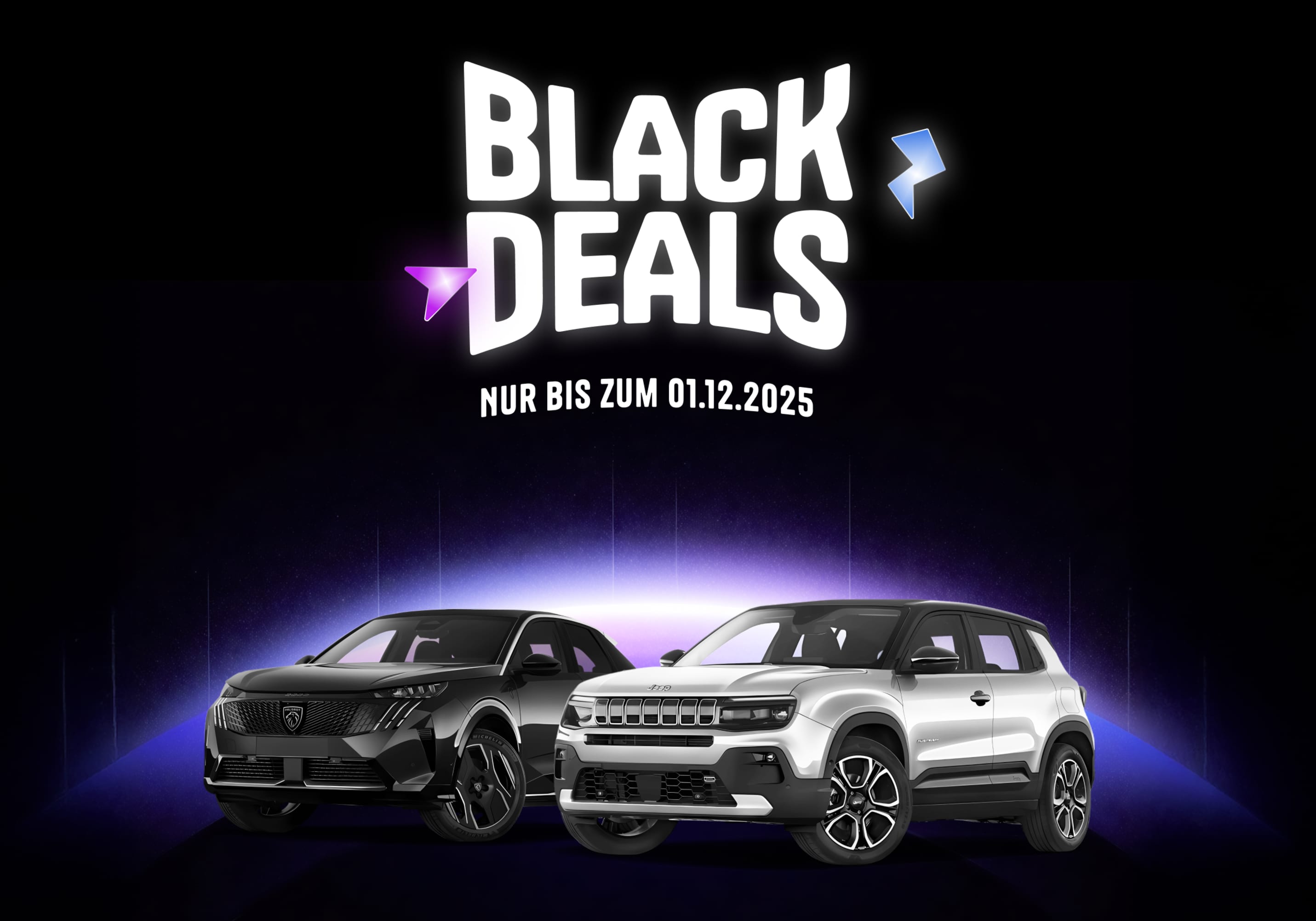Zwei Autos vor schwarzem Hintergrund und der Überschrift: Black Deals