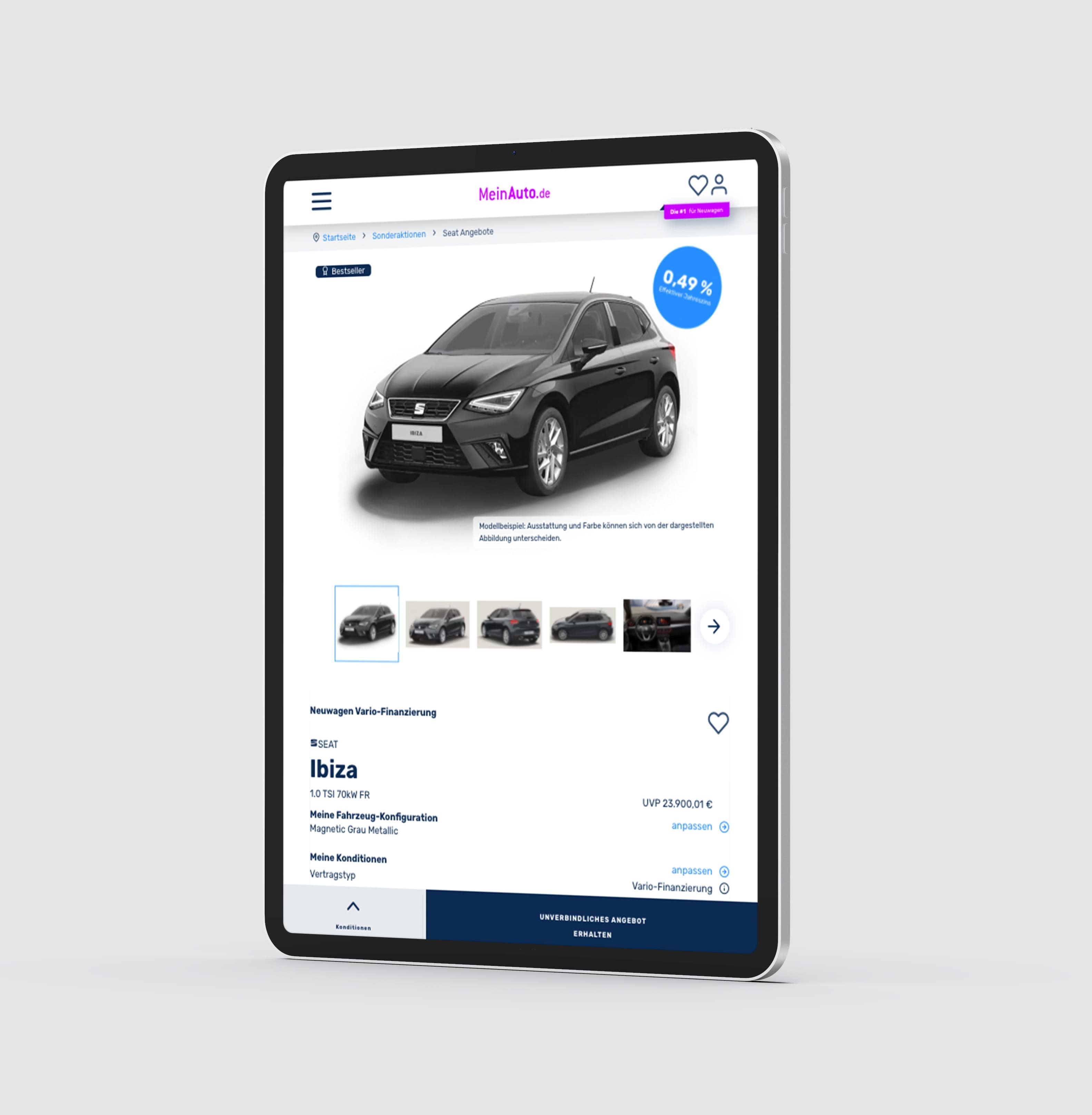 Ein Tablet, das die Webseite von MeinAuto.de zeigt