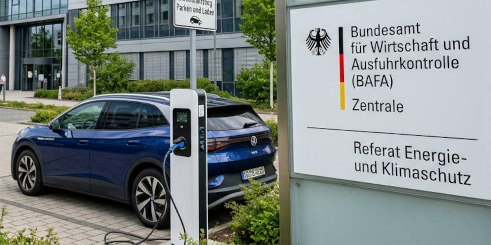 Ein blauer Volkswagen ID.4 Elektro-SUV lädt an einer Ladesäule auf einem Parkplatz vor einem großen Behördengebäude, während im Vordergrund ein Schild des "Bundesamtes für Wirtschaft und Ausfuhrkontrolle (BAFA)" steht.
