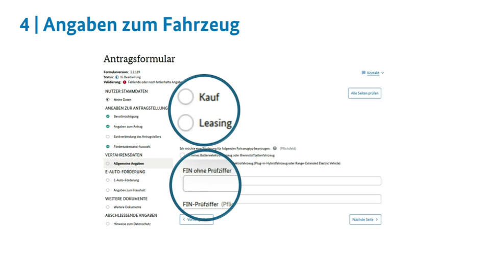 Screenshot eines Antragsformulars unter der Überschrift „4 | Angaben zum Fahrzeug“. Per Lupe hervorgehoben sind die Optionen „Kauf“ und „Leasing“ sowie das Eingabefeld für die Fahrzeug-Identifizierungsnummer (FIN).