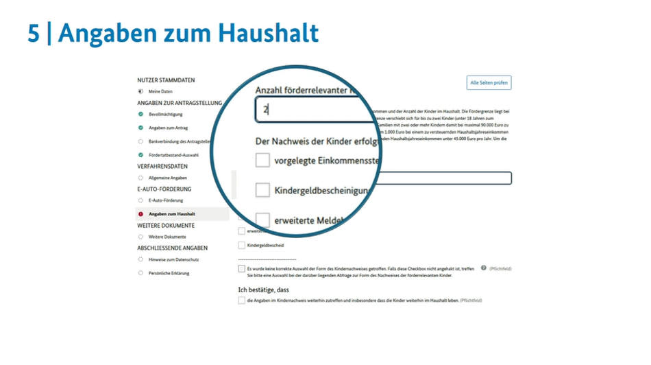 Screenshot eines Antragsformulars unter der Überschrift „5 | Angaben zum Haushalt“. Per Lupe sind das Feld für die Anzahl der Kinder sowie Optionen für den Nachweis (z. B. Kindergeldbescheinigung) fokussiert.