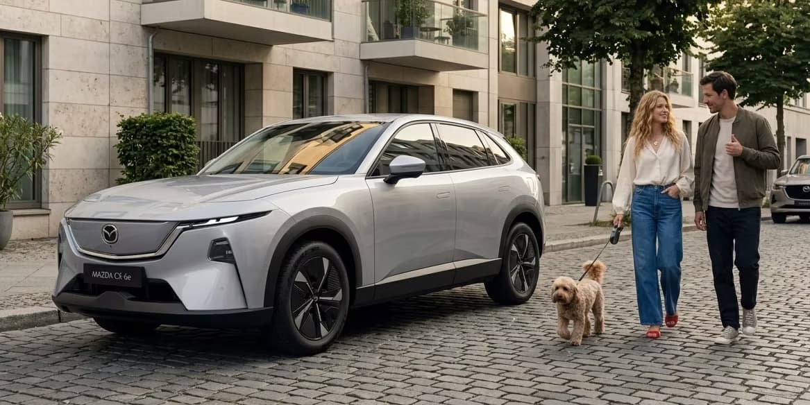 Mazda CX-6e Takumi in einem urbanes Umfeld