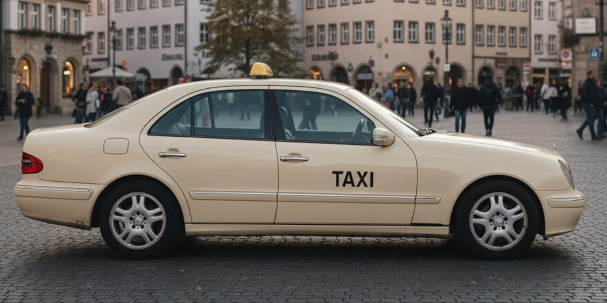 Taxi auf einem Platz einer deutschen Stadt mit Menschen im Hintergrund