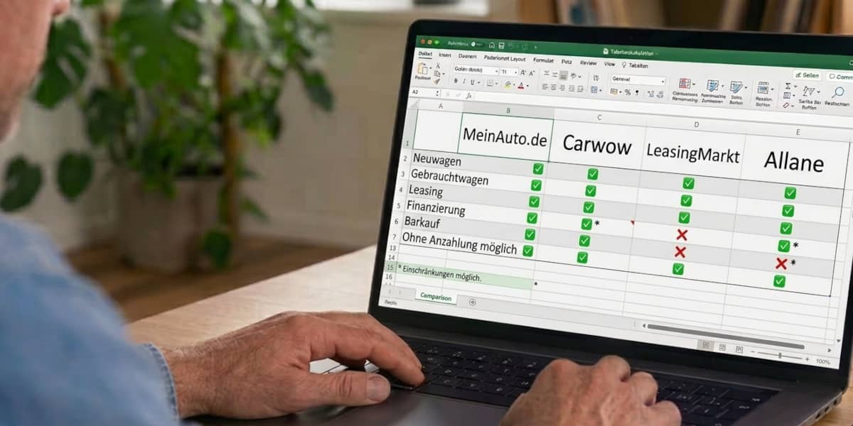 Ein Mann sitzt am Laptop und vergleicht die Online-Plattformen MeinAuto.de, Carwow, LeasingMarkt.de und Allane in einer Tabellenkalkulation. KI-generiertes Bil.