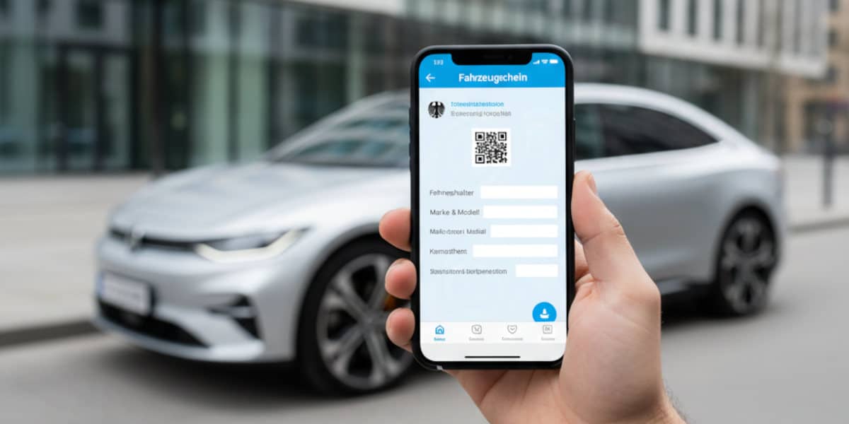 Fahrzeugschein auf Handy, das vor einem Auto hochgehalten wird