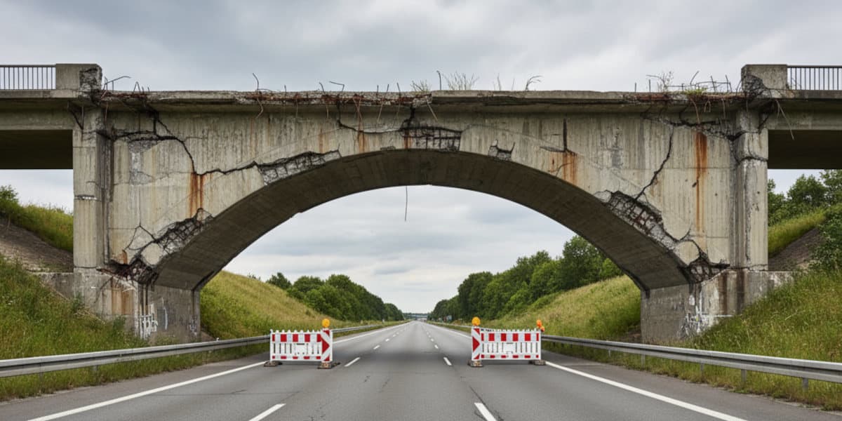 Marode alte Brücke in Deutschland über einer dreispurigen Straße