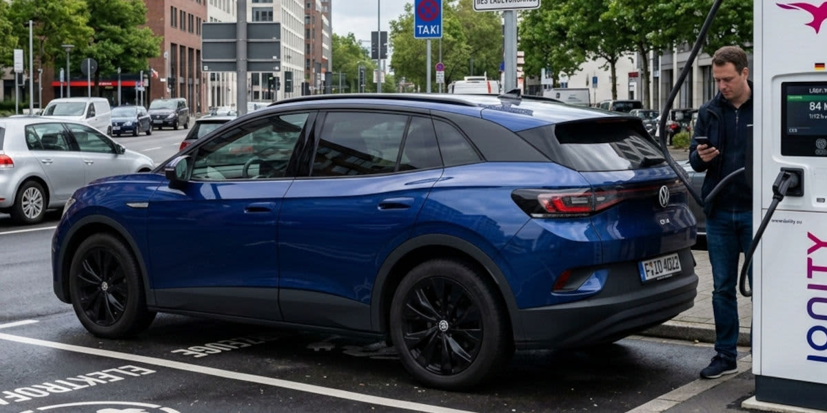 E-Auto an Ladesäule in Deutschland Stadt