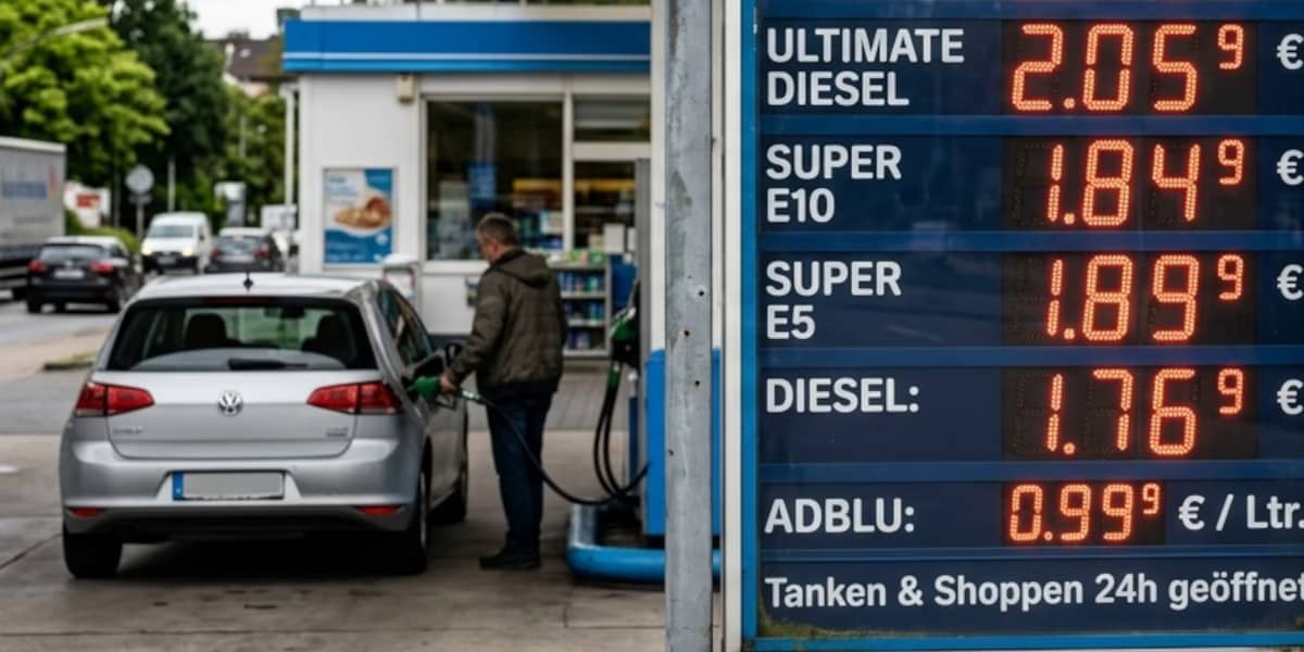 Tankstelle mit Preistafel im Vordergrund