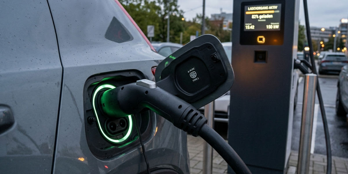 Nahaufnahme eines grauen Elektroautos an einer Ladestation. Ein schwarzes Kabel ist eingesteckt, der Ladeanschluss leuchtet grün. Im Hintergrund ist ein Display mit Ladestatus zu sehen.