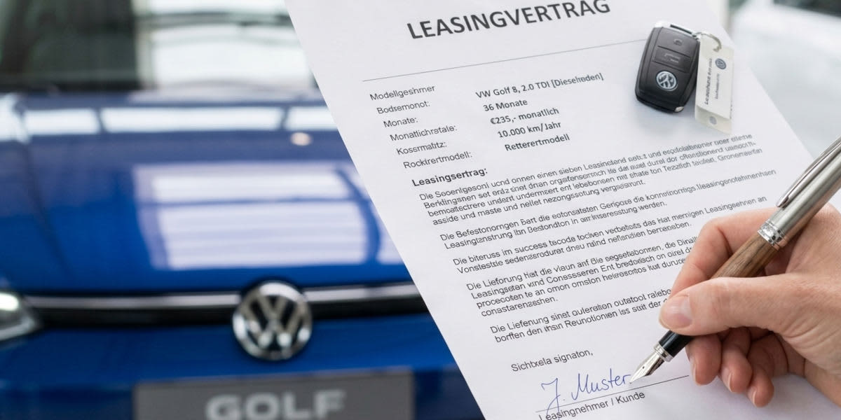 Eine Hand unterschreibt einen fiktiven Leasingvertrag für einen blauen VW Golf. Im Hintergrund ist die Front des Autos verschwommen erkennbar. Ein VW-Fahrzeugschlüssel liegt auf dem Dokument.