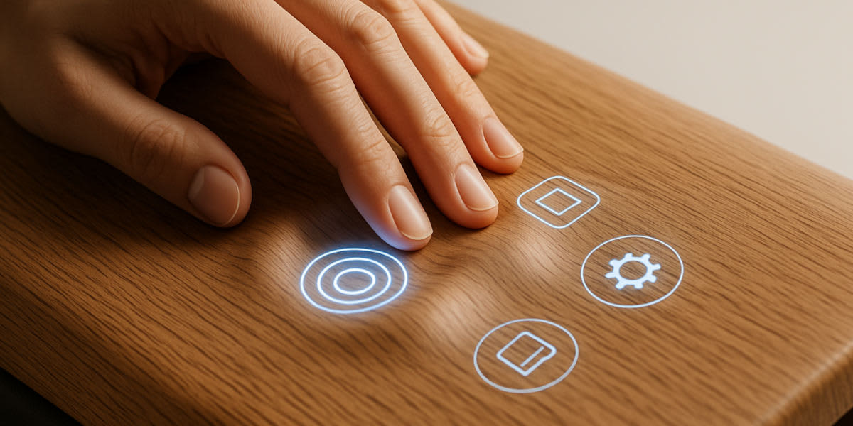 Eine Hand bedient leuchtende, in eine Holzoberfläche integrierte Touch-Symbole mit sanften Vertiefungen.