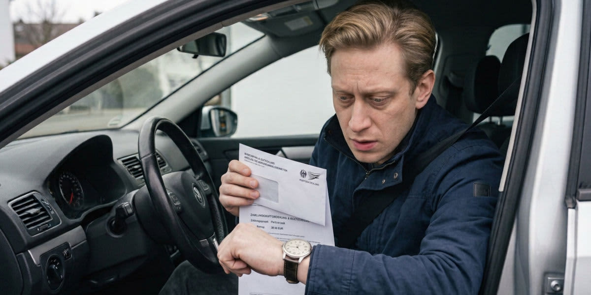 Ein besorgter Mann sitzt am Steuer seines Autos, schaut auf seine Armbanduhr und hält ein offizielles Bußgeldschreiben in der Hand. (KI-generiert)