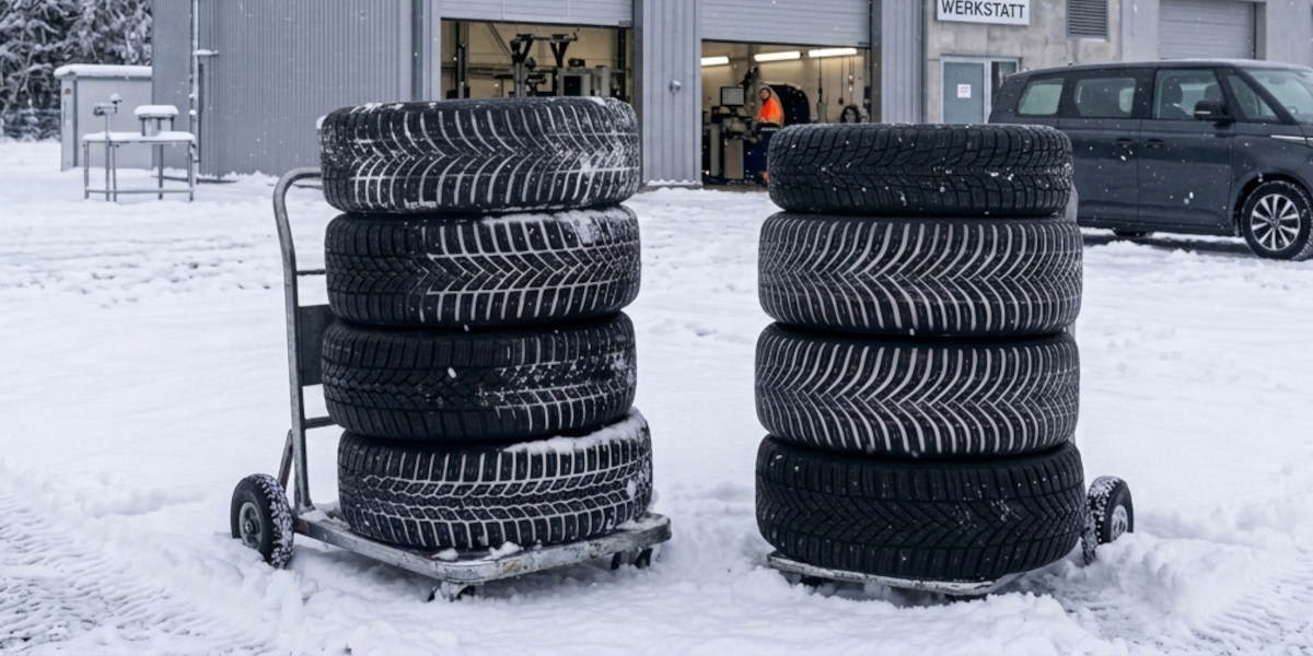 Zwei Stapel Winterreifen auf Transportkarren stehen auf verschneitem Boden vor einer Werkstatt. Im Hintergrund ist ein dunkler Van zu sehen. (KI-generiert)