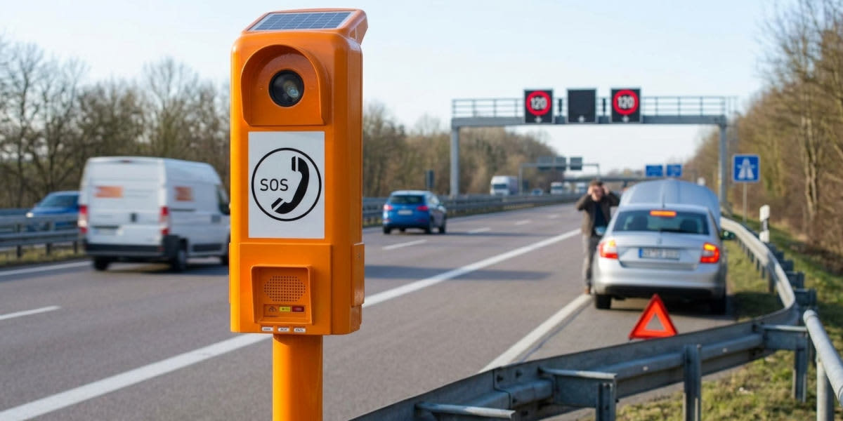 Eine orangefarbene Notrufsäule steht am Rand einer Autobahn. Im Hintergrund hält ein liegengebliebenes Auto mit Warndreieck auf dem Seitenstreifen.    (KI-generiert)
