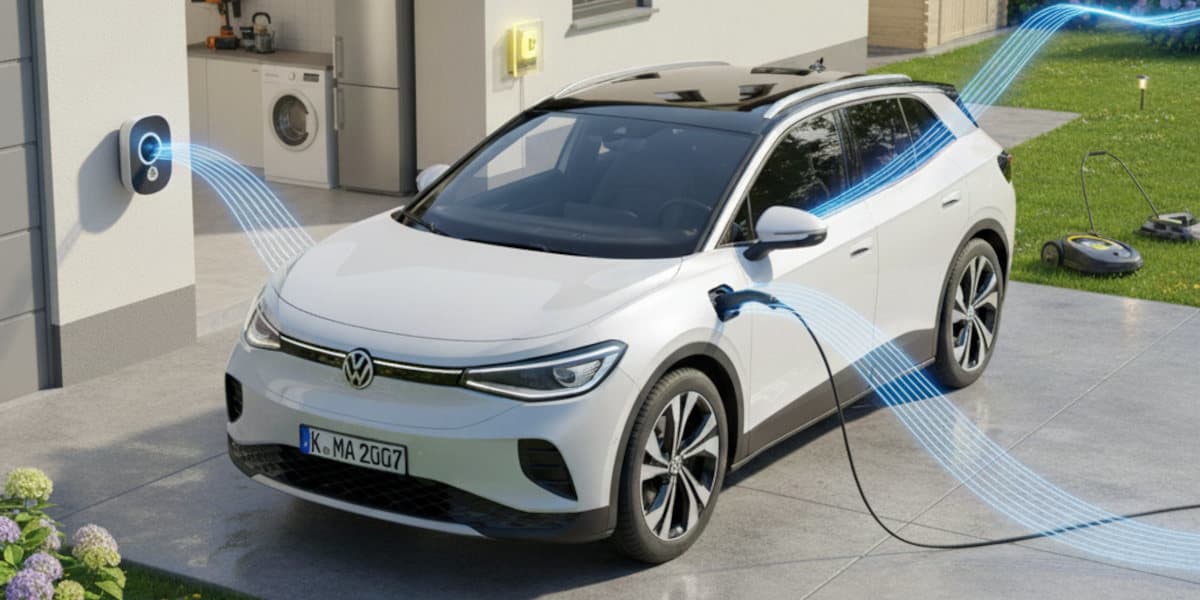 Bidirektionales Laden Elektro Auto VW vor einem Haus