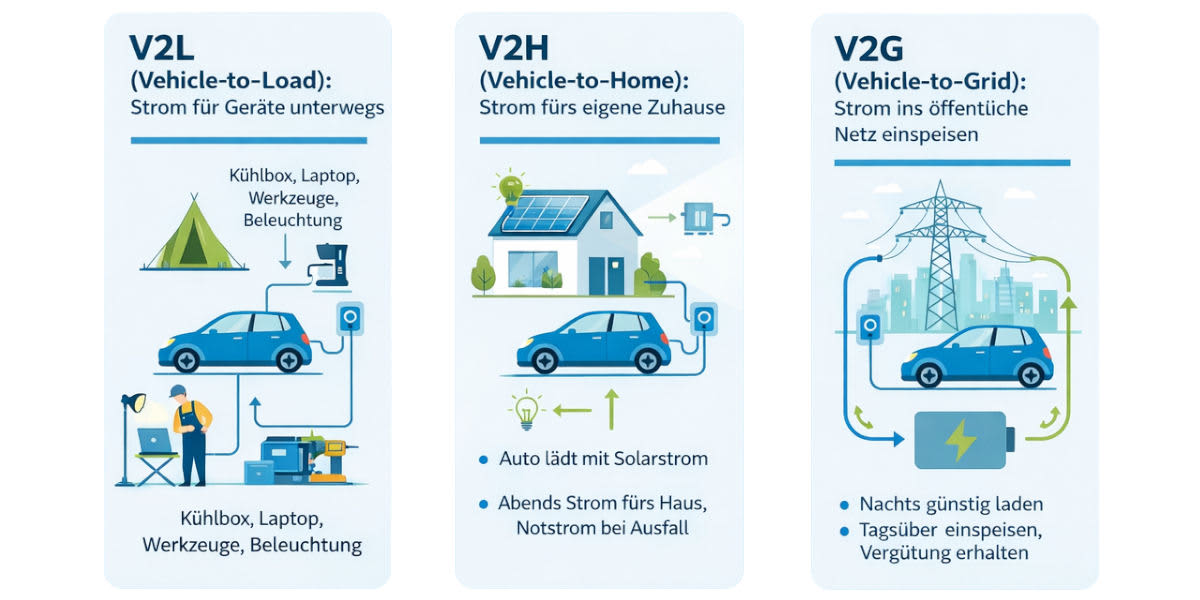 Strom aus dem Elektroauto: So funktioniert bidirektionales Laden mit V2H, V2L, V2G