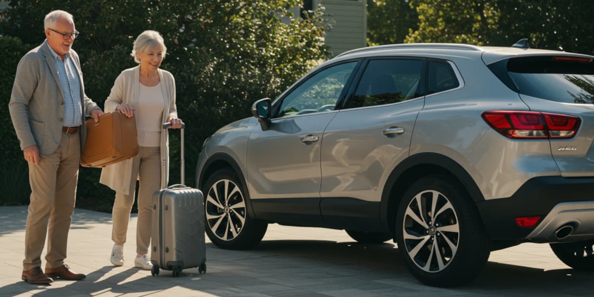 Rentner Senioren Auto SUV Reisen Koffer Sonnenlicht