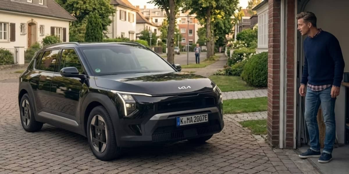 Kia EV3 Air in der Einfahrt vor einer offenen Garage