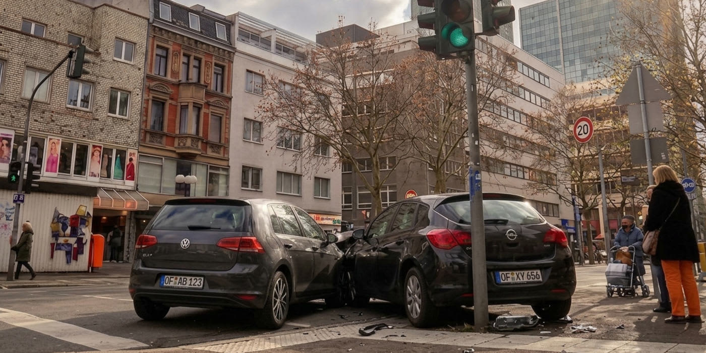 Zwei dunkle Autos, ein VW Golf und ein Opel Astra, stehen nach einem Zusammenstoß auf einer staedtischen Kreuzung vor Ampeln. (KI-generiert)