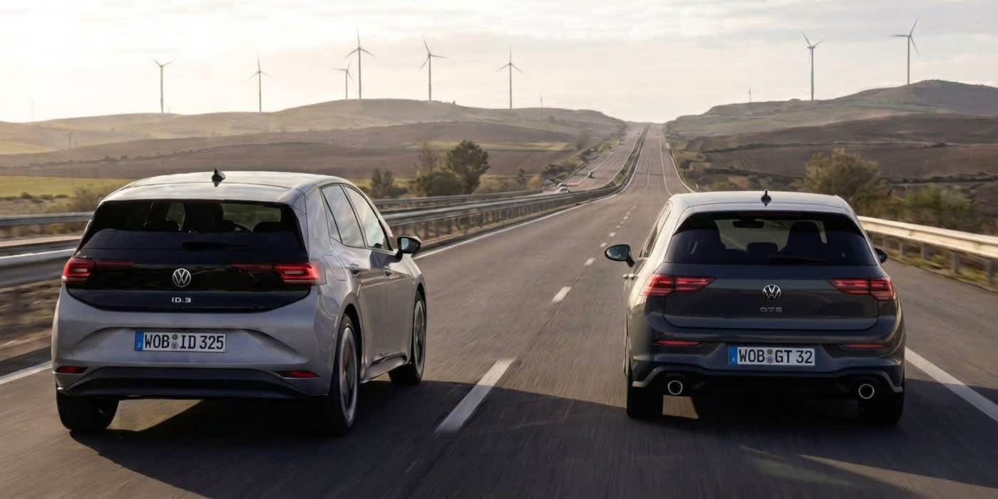 Ein silberner VW ID.3 überholt einen grauen VW Golf GTE auf einer Landstraße vor einer hügeligen Kulisse mit Windrädern. (KI-generiert)