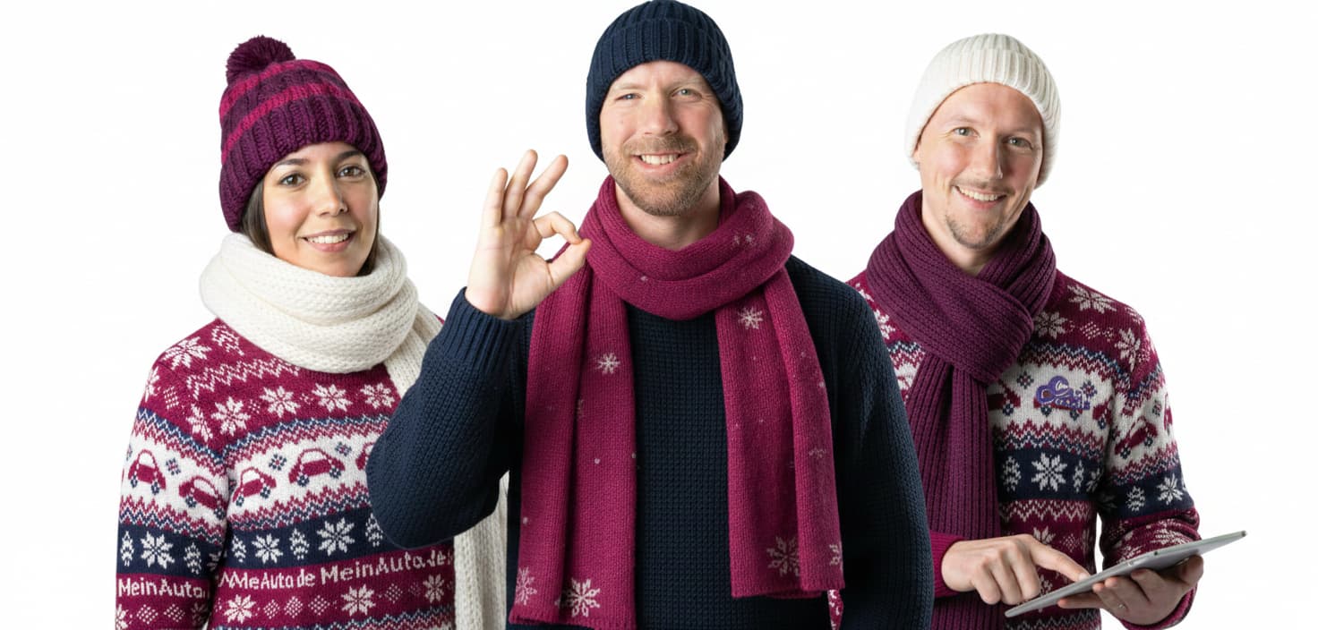 CarCoach Gruppenbild - Jamila Philipp Johannes mit Winter Schal Mütze Pullover
