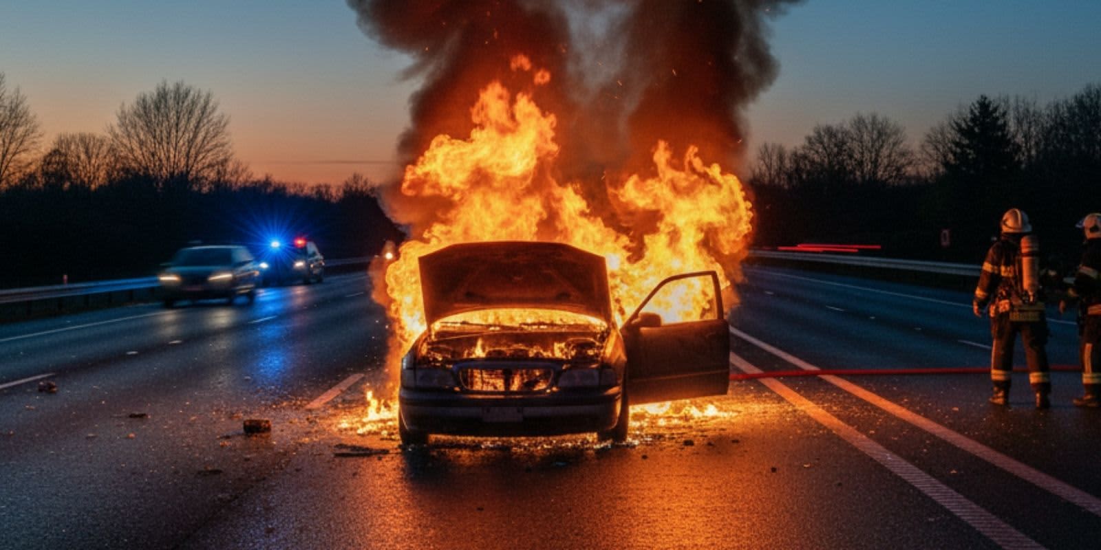 Brennendes Auto auf der Autobahn Feuer