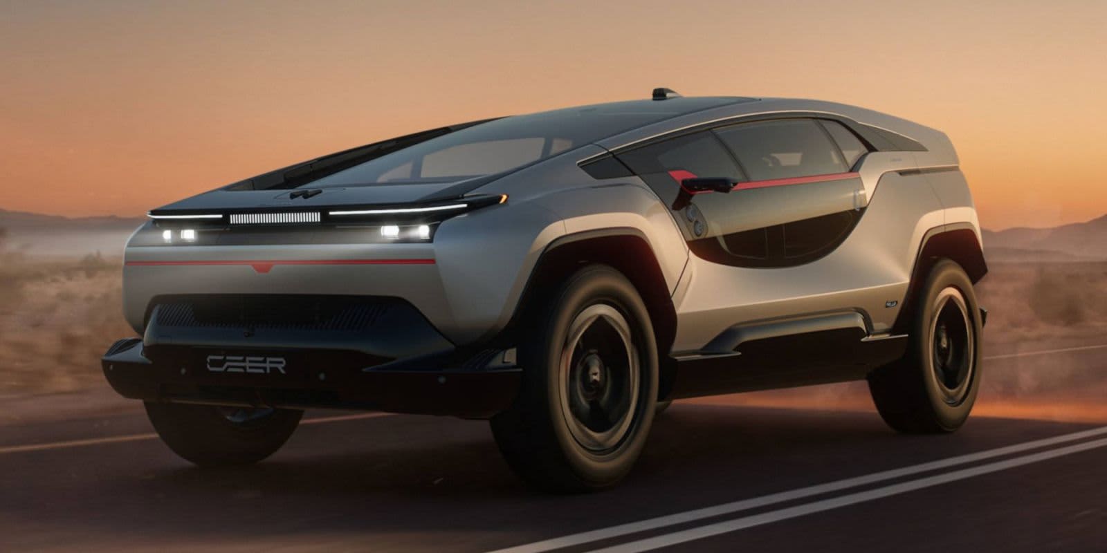 Ein futuristisches CEER SUV-Concept fährt bei Sonnenuntergang. Prägend sind das futuristische Design, schmale LED-Leuchten und gläserne Türelemente.   