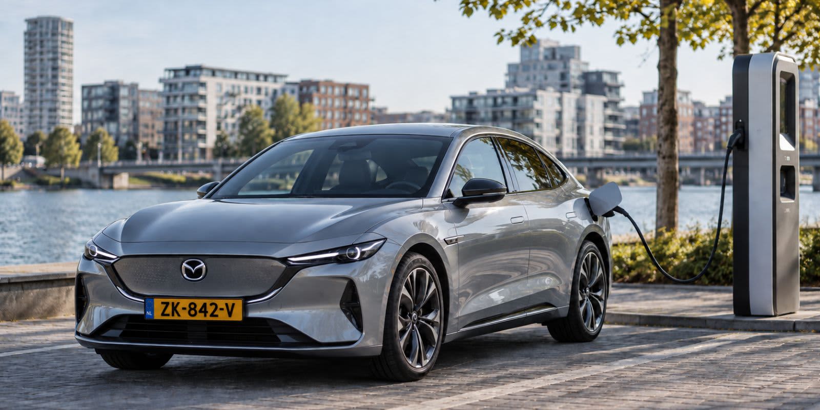 Ein silberner Mazda EZ-6 steht an einer Uferpromenade vor städtischer Kulisse. Markant sind der geschlossene Frontgrill und die schmalen Scheinwerfer.