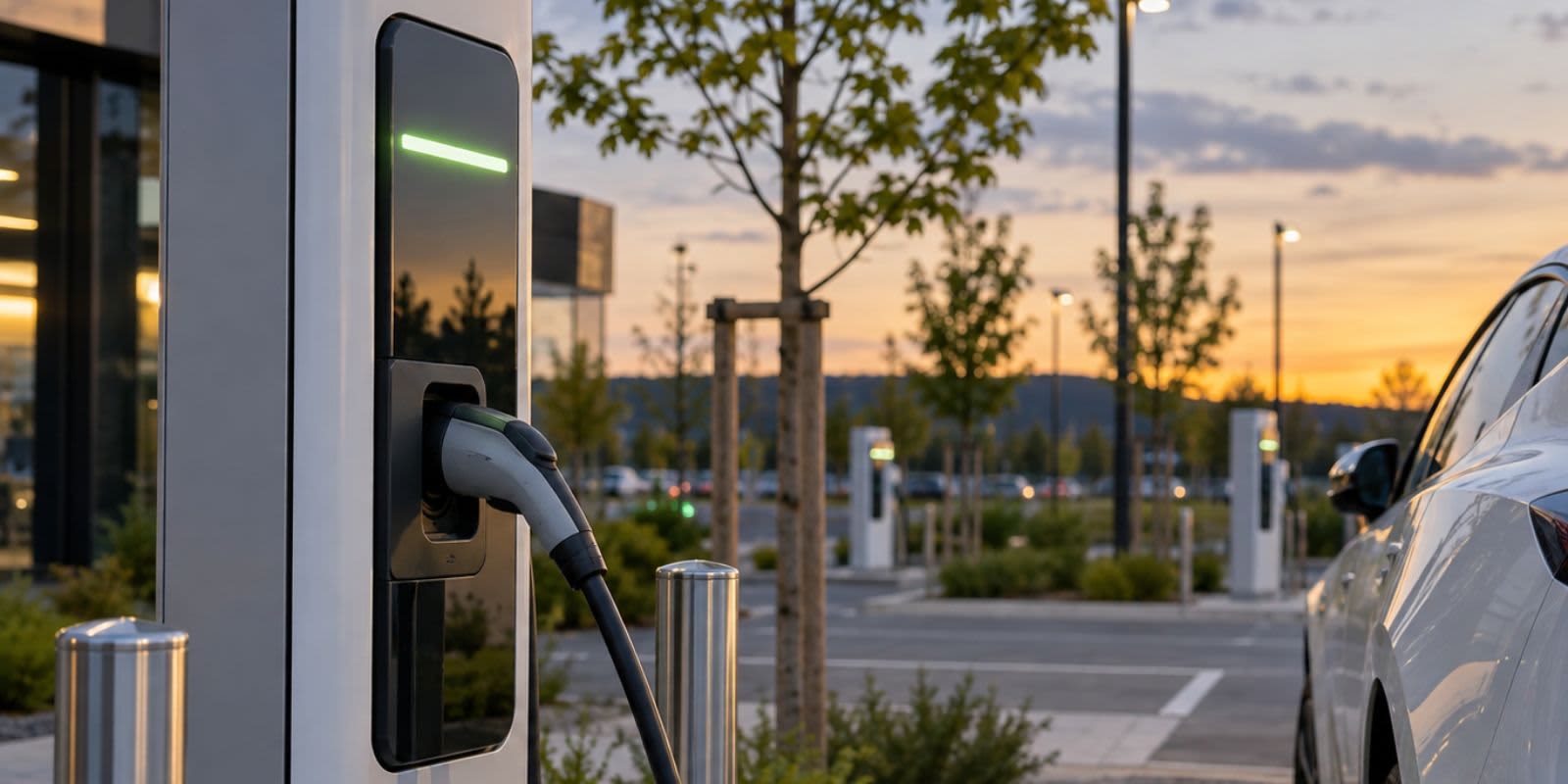 Eine moderne Elektroauto-Ladesäule mit eingestecktem Ladekabel steht auf einem Parkplatz bei Dämmerung. Rechts ist ein weißes Elektrofahrzeug zu sehen.