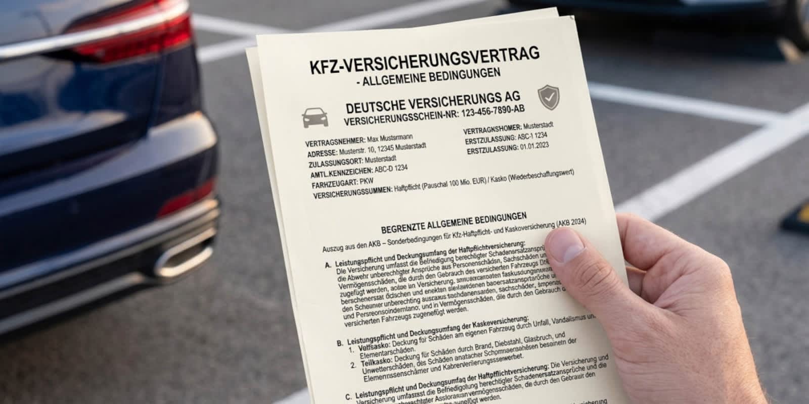 Eine Hand hält ein Dokument zu einer Kfz-Versicherung vor unscharfem Hintergrund auf einem Parkplatz mit zwei Autos. (KI-generiert)