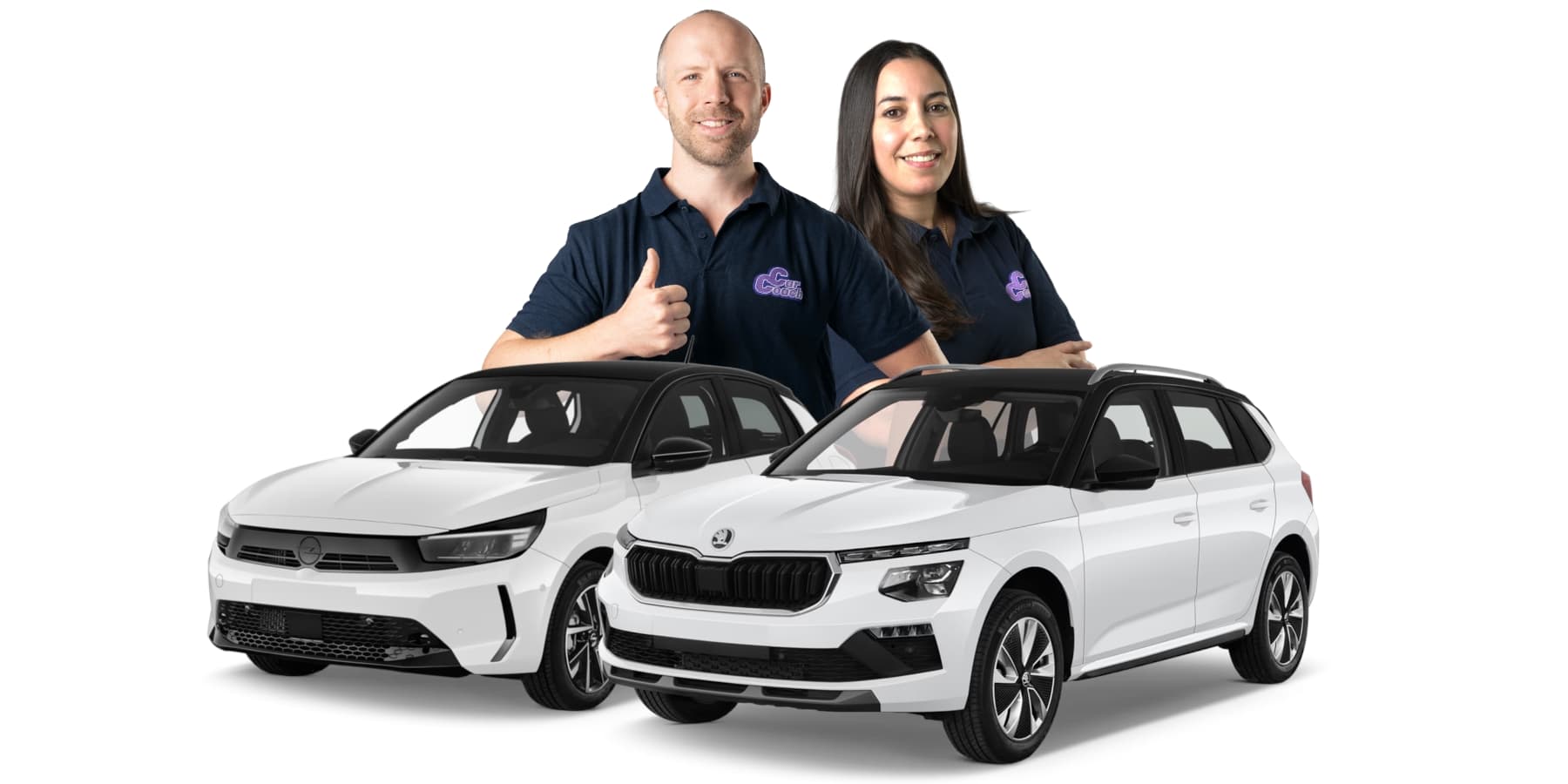 CarCoach  Philipp und Jamila mit zwei weißen Autos