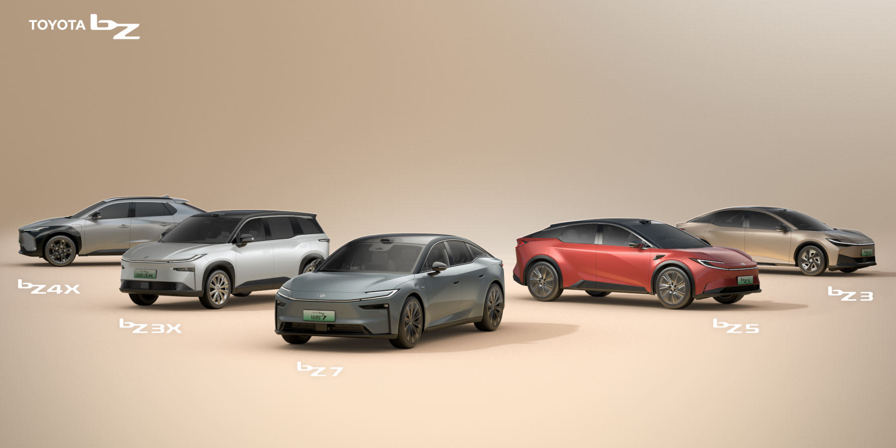 Toyota bZ7 Modellübersicht mit 5 Atos auf einem Bild