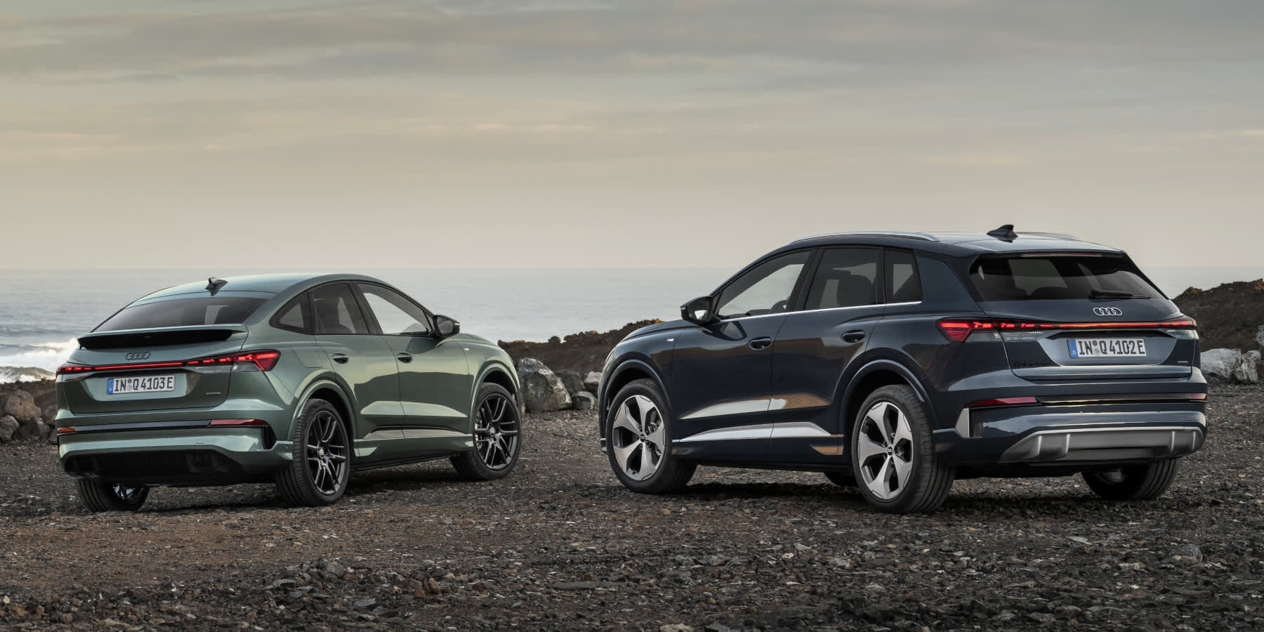 Audi Q4 e-tron Facelift 2026 Heckansicht zwei Modelle