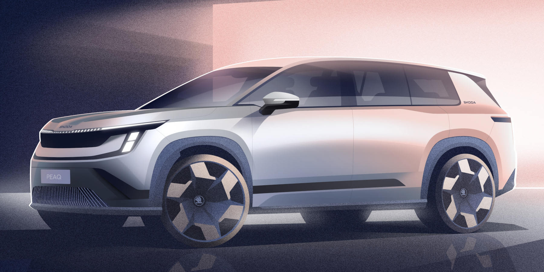 Das Bild zeigt eine Designskizze eines Skoda Peaq von schräg vorne mit einer sportlichen, kantigen Front, flachen Scheinwerfern und großen, dunklen Felgen.