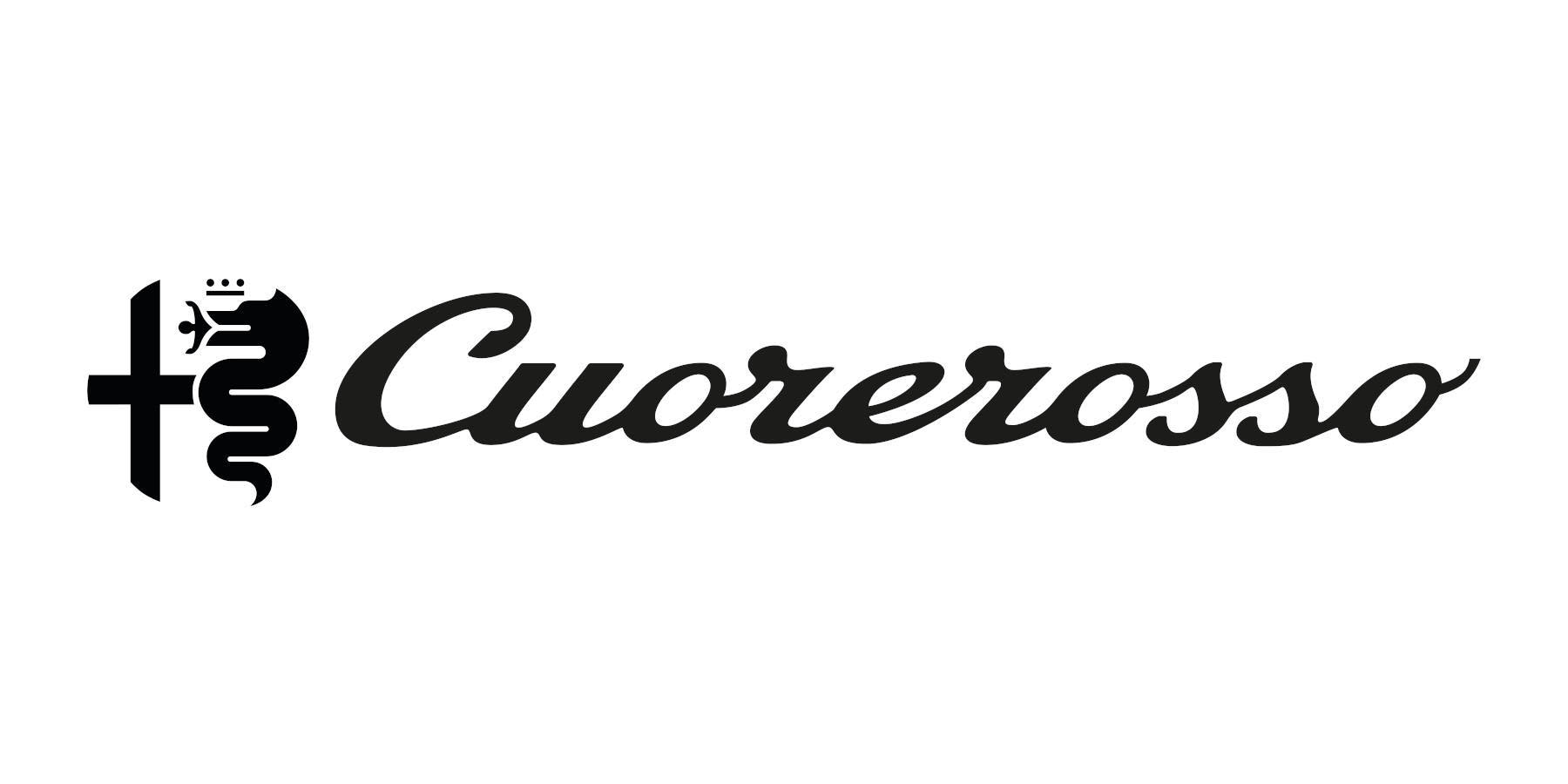 Ein schwarzer „Cuorerosso“-Schriftzug steht auf weißem Grund. Prägend sind das klassische Alfa-Romeo-Wappenemblem links und die geschwungene Schreibschrift.