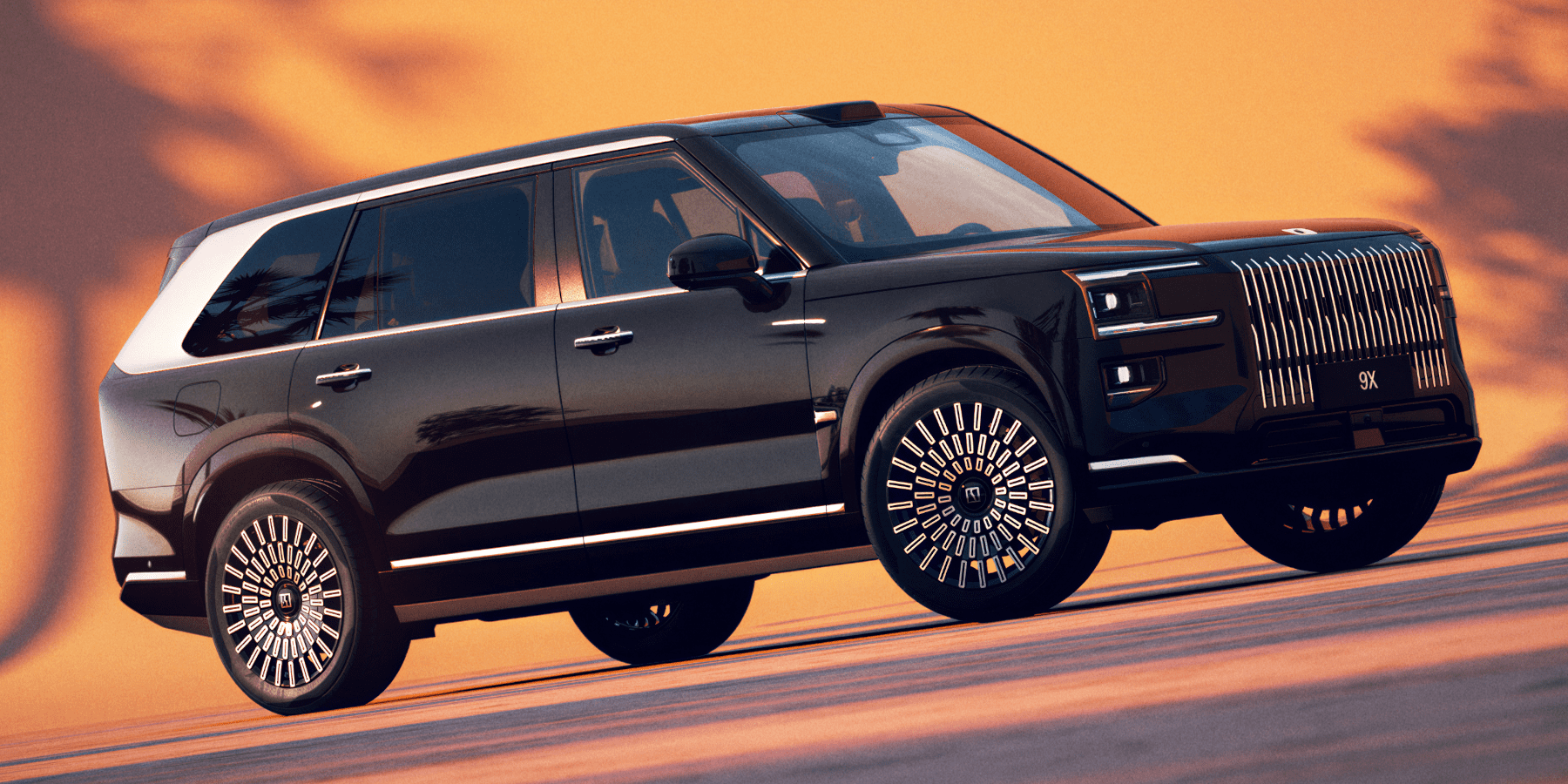 Ein schwarzer Zeekr 9X Luxus-SUV steht auf einer geneigten Fläche vor warmem Licht. Markant sind der dominante Chromgrill und die Speichenfelgen.