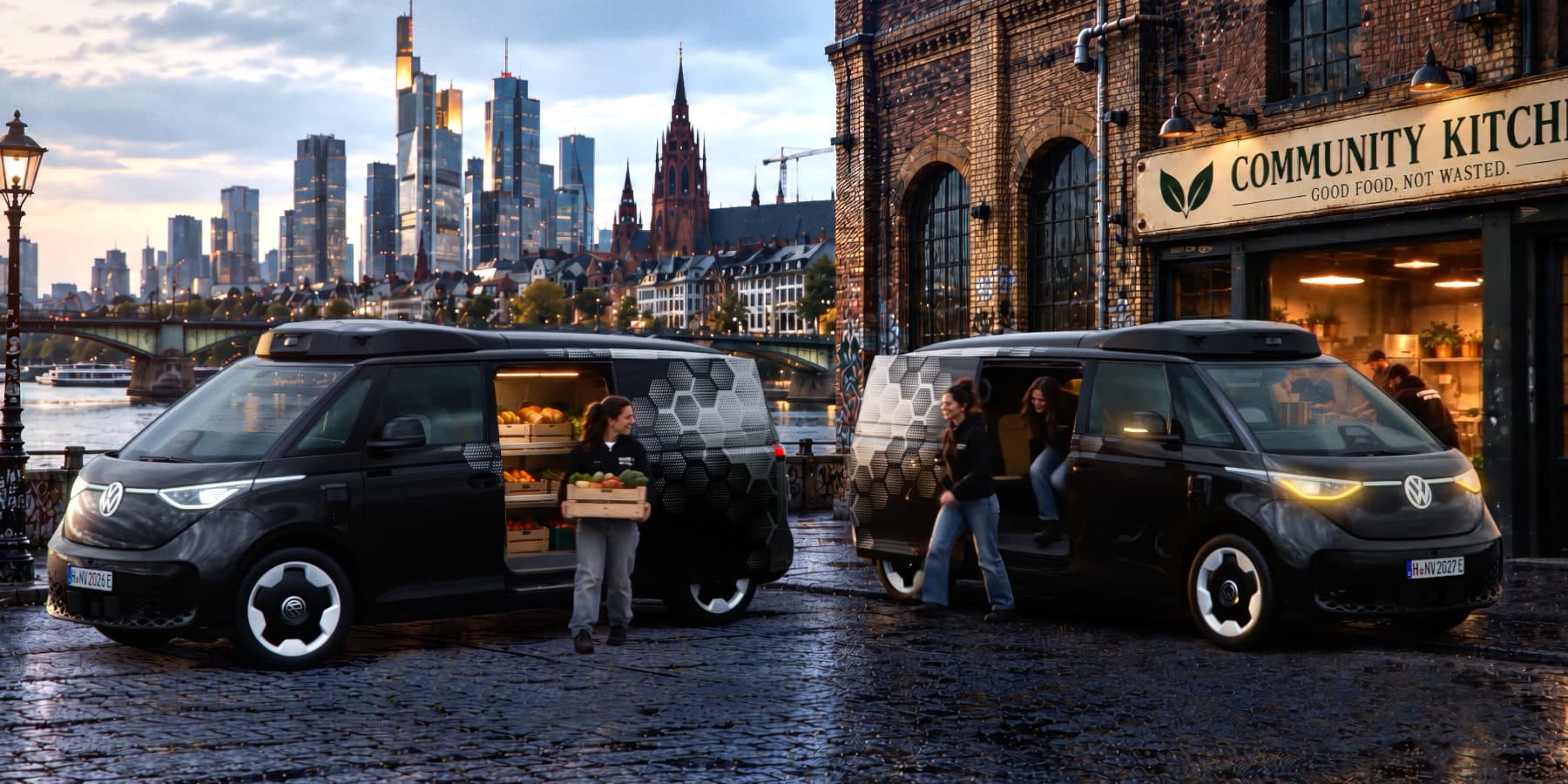 Zwei schwarze VW ID. Buzz mit Wabenmuster stehen vor einer "Community Kitchen" an einer Uferpromenade. Im Hintergrund ragt die beleuchtete Skyline empor. (KI-generiert)
