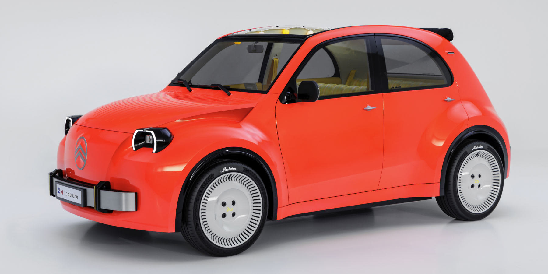 Ein orangefarbenes Citroën 2CV Concept steht in einem minimalistischen Studio. Prägend sind die Retro-Silhouette, runde LED-Scheinwerfer und retro-moderne Scheibenräder.   