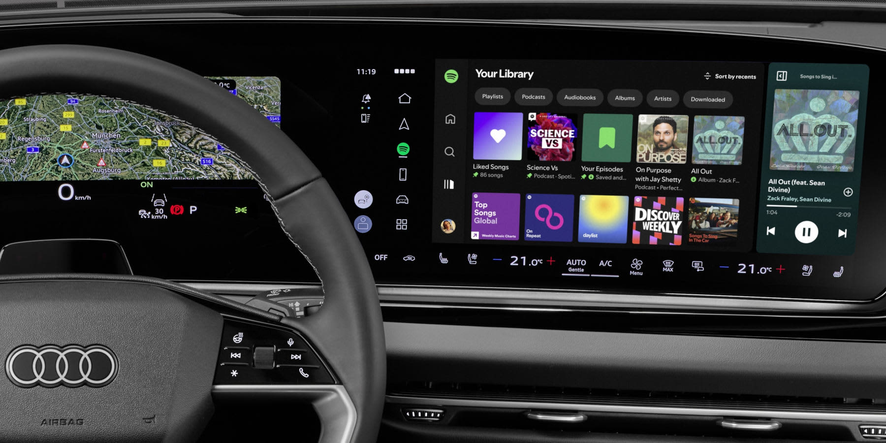 Audi Bildschirm mit Spotify drauf.
