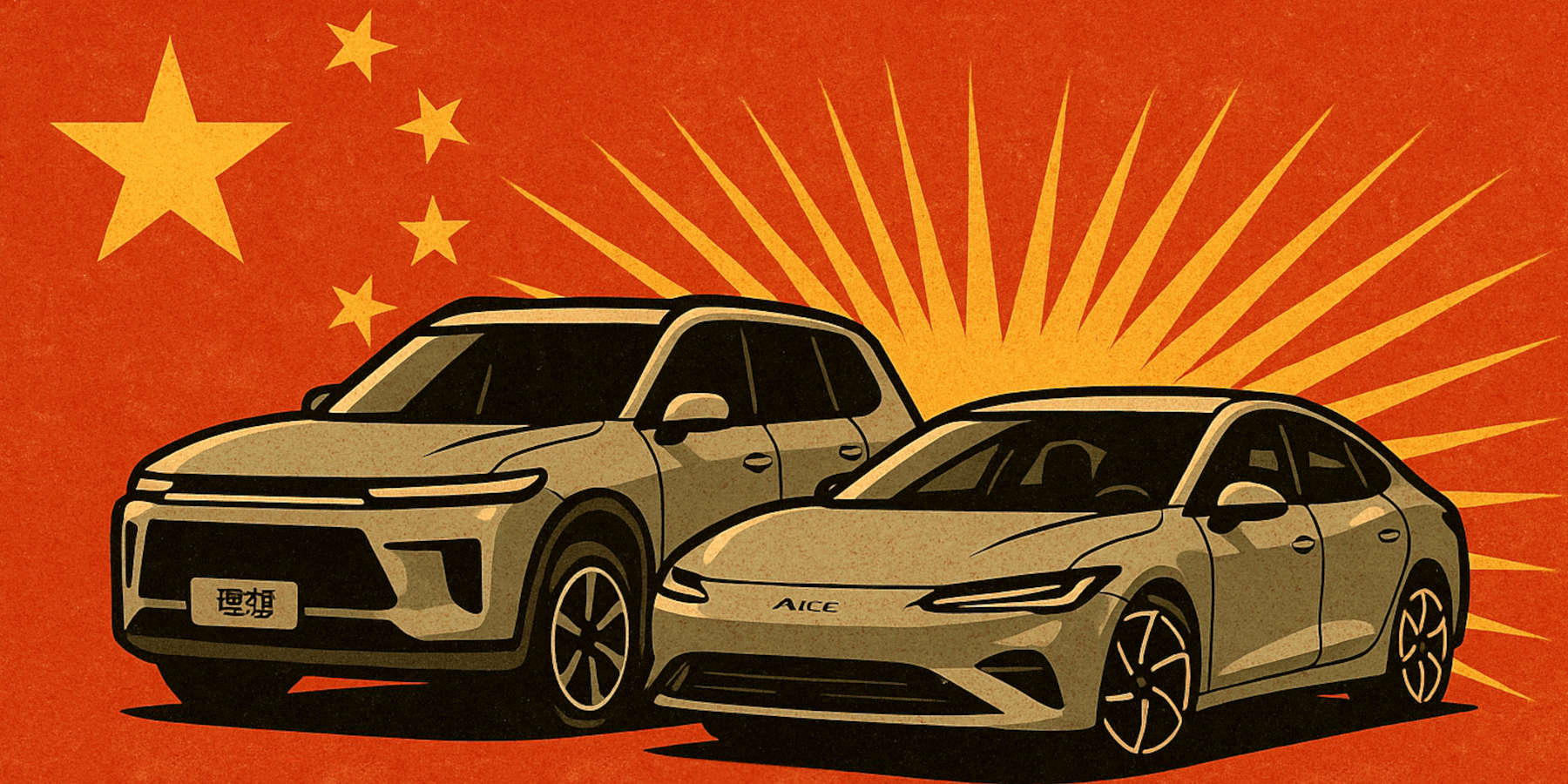 China-Autos auf einer Grafik mit chinesischer Fahne und gelben Strahlen