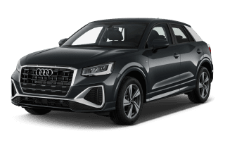 Schräge Frontansicht auf einen Audi Q2 advanced, freigestellt