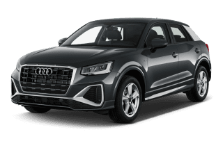 Schräge Frontansicht auf einen Audi Q2 advanced, freigestellt