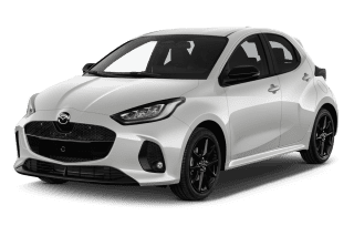 Schräge Frontansicht auf einen Mazda Mazda2 Hybrid Exclusive-Line, freigestellt
