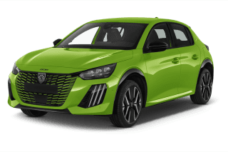 Schräge Frontansicht auf einen Peugeot e-208 Business, freigestellt