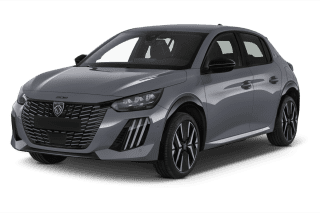 Schräge Frontansicht auf einen Peugeot e-208 Business, freigestellt